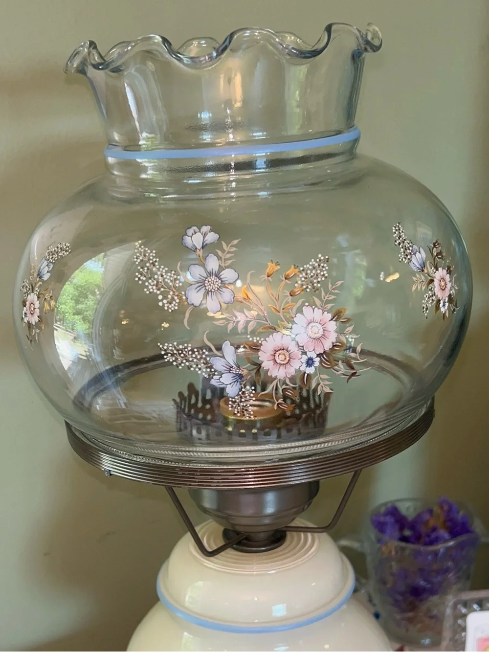 Vintage Gone with Wind Style Hurricane Lamp handpainted floral motif 3 Way Light